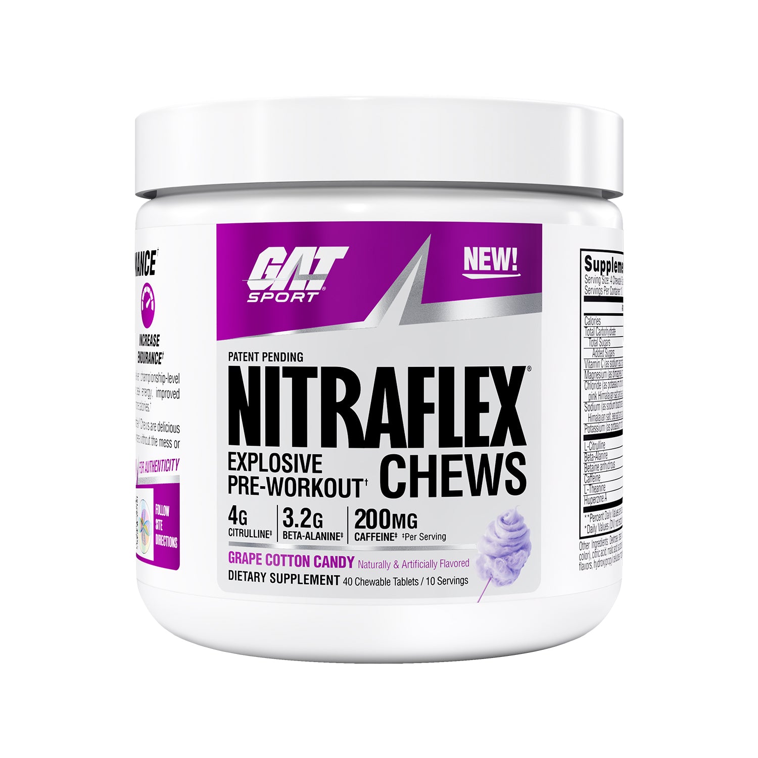 GAT Sport Nitraflex Chews pre-workout supplement container on a white background