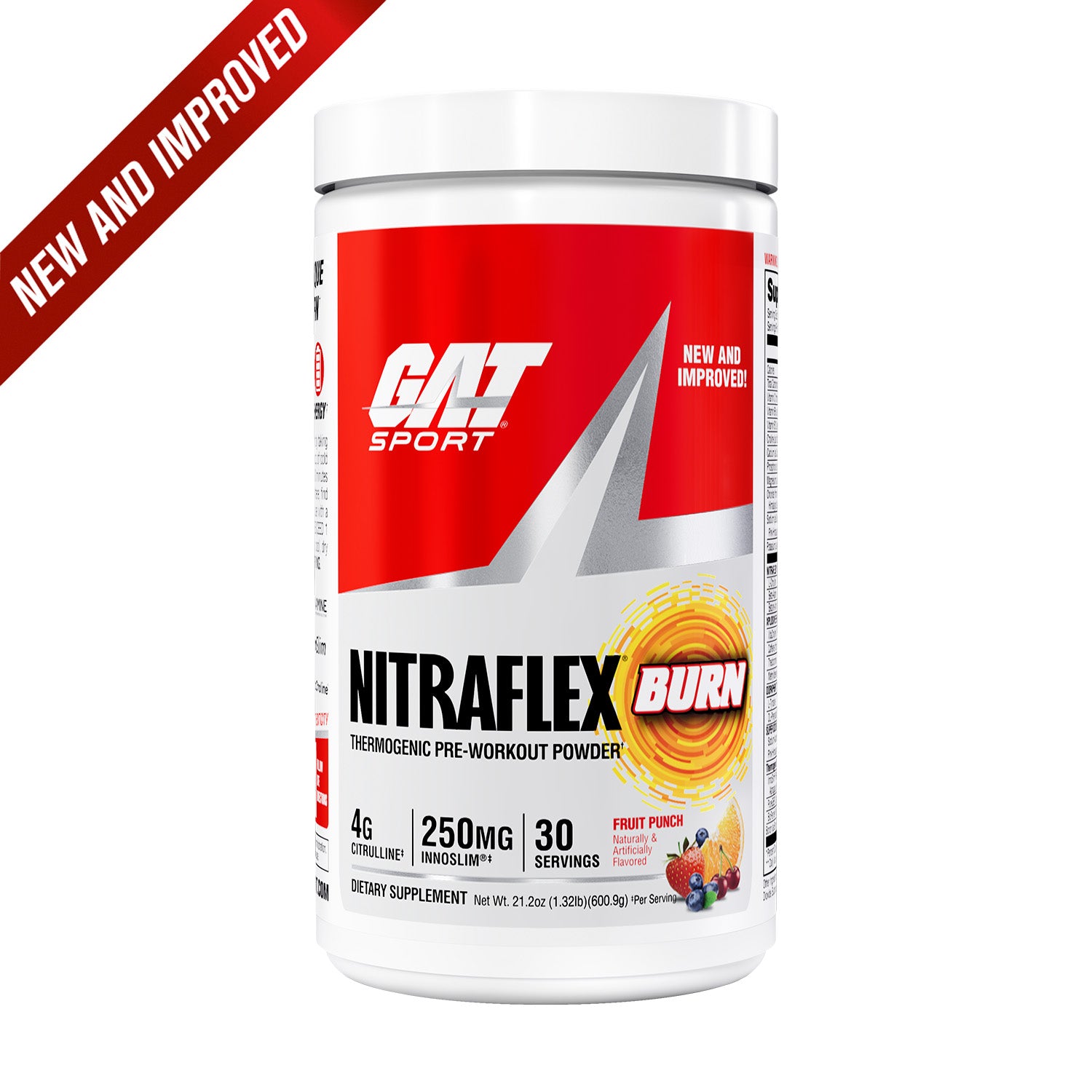 GAT Sport Nitraflex Burn supplement powder container on a white background