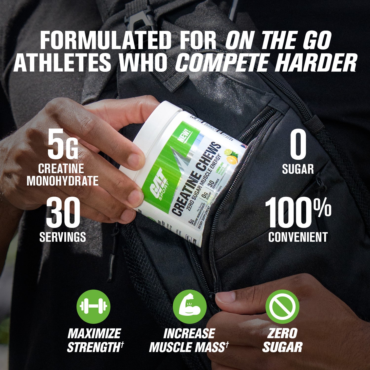 Person holding a container of creatine monohydrate with product features highlighted.