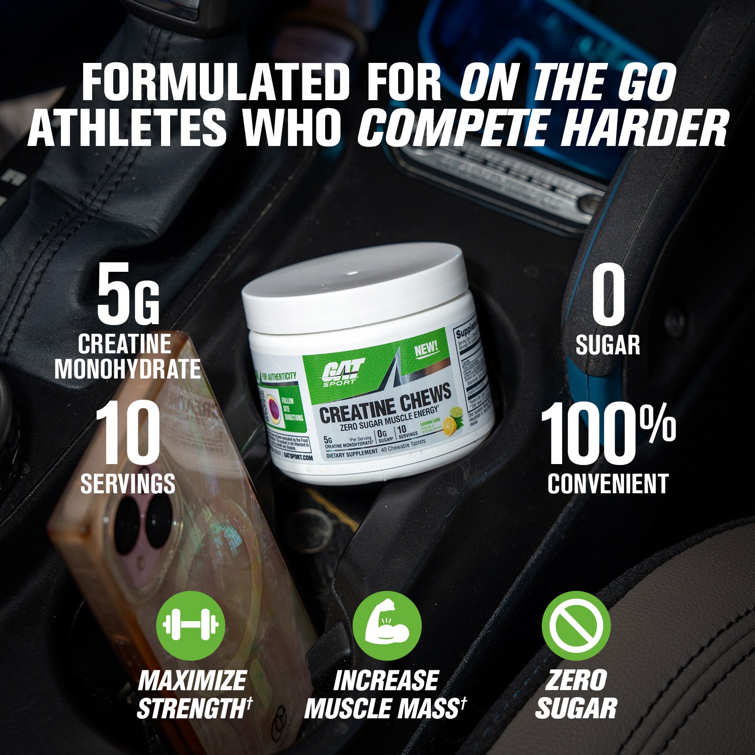 Supplement container with text highlighting features on a car seat background