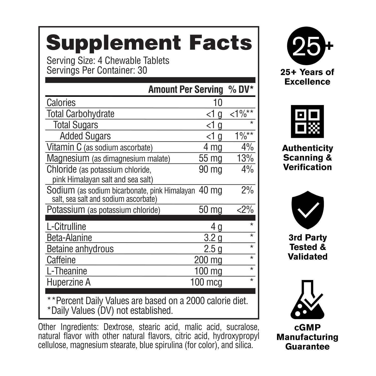 Supplement facts label with various nutrients listed on a white background