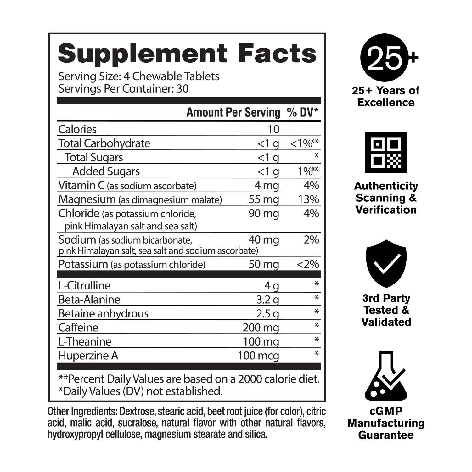 Supplement facts label with various nutrients and their amounts on a white background.