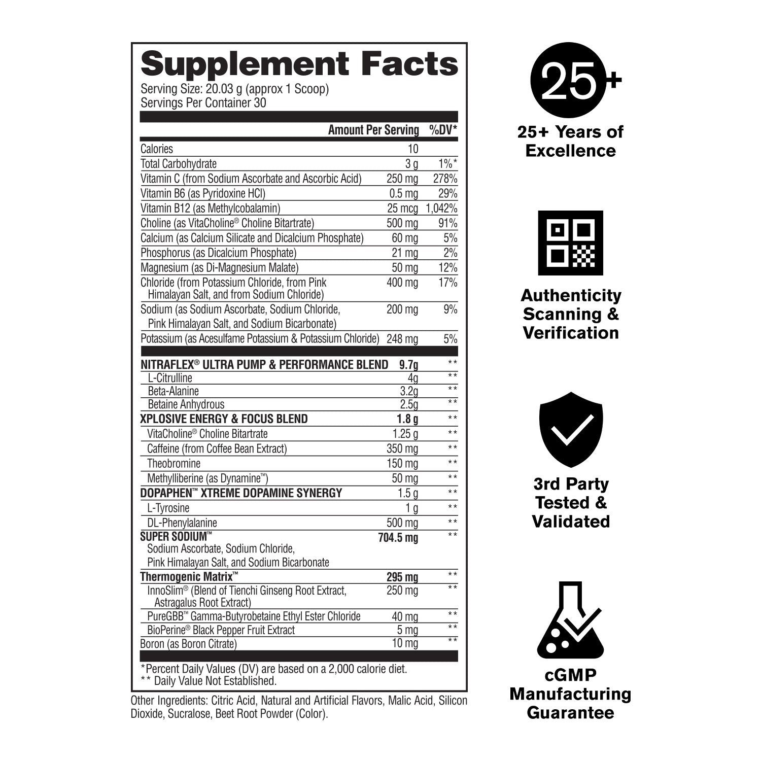 Supplement label with detailed nutritional information and branding elements on a white background