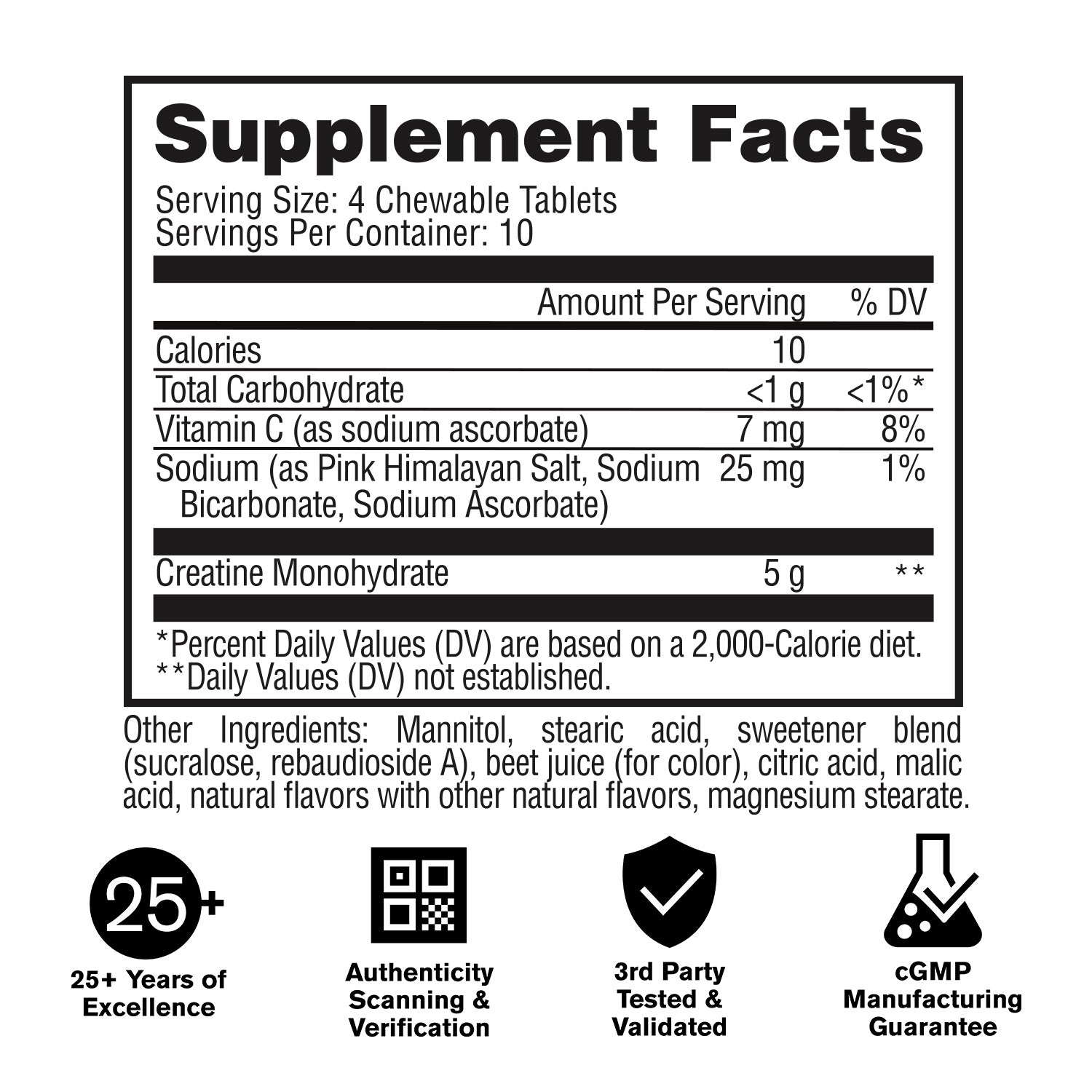 Supplement facts label with nutritional information and certification logos on a white background