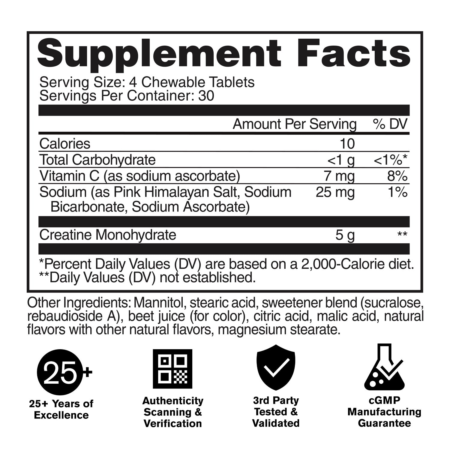 Supplement facts label with nutritional information and certification logos on a white background