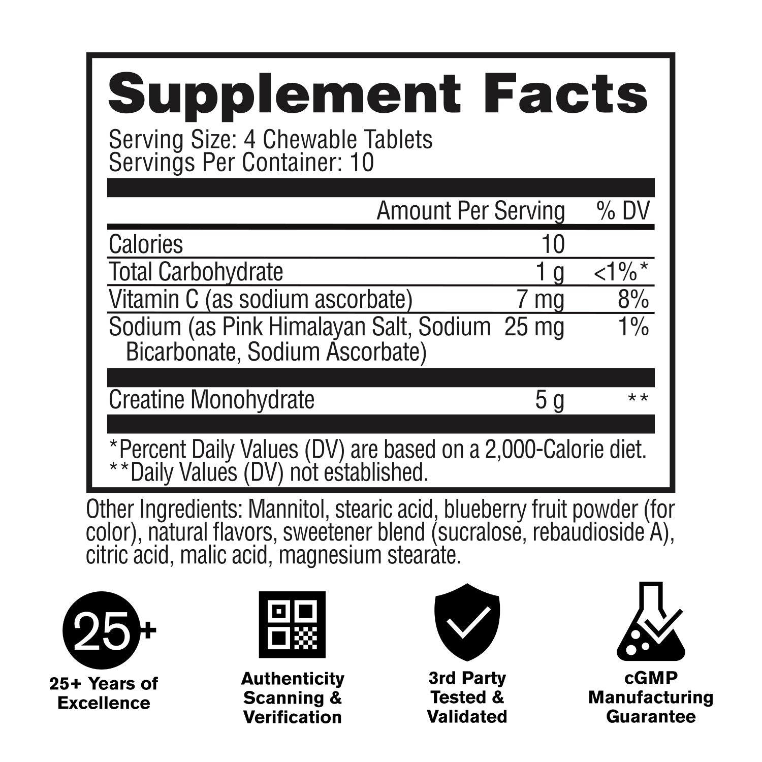 Supplement facts label with nutritional information and certification logos on a white background