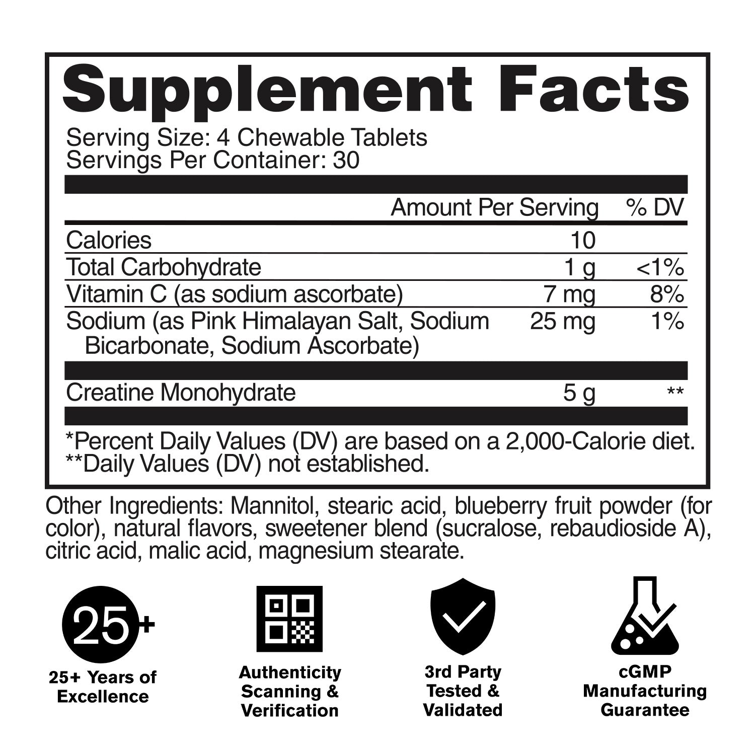 Supplement facts label with nutritional information and certification logos on a white background