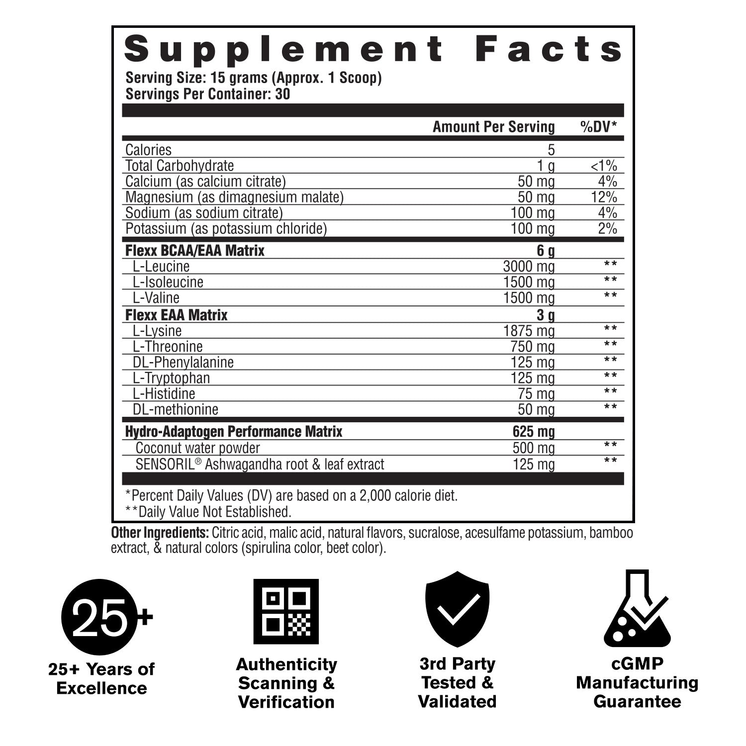 Supplement facts label with nutritional information and certification logos on a white background