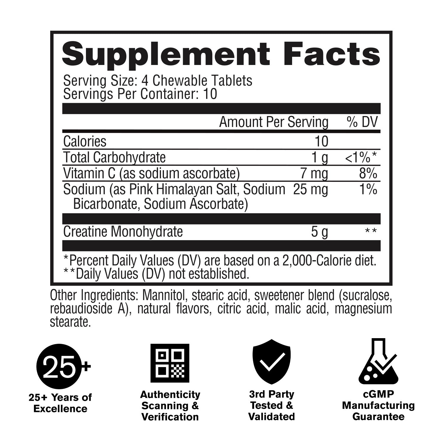 Supplement facts label with nutritional information and certification logos on a white background