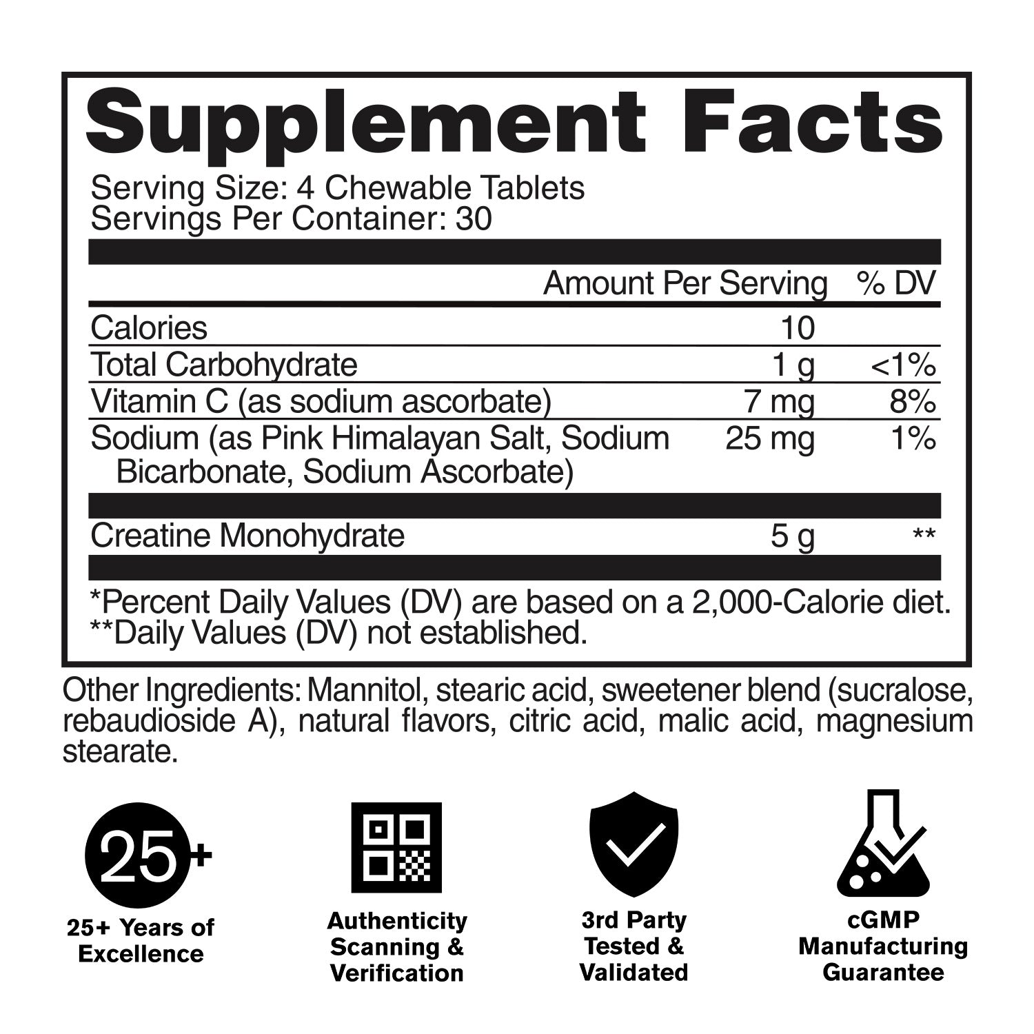 Supplement facts label with nutritional information and product features on a white background