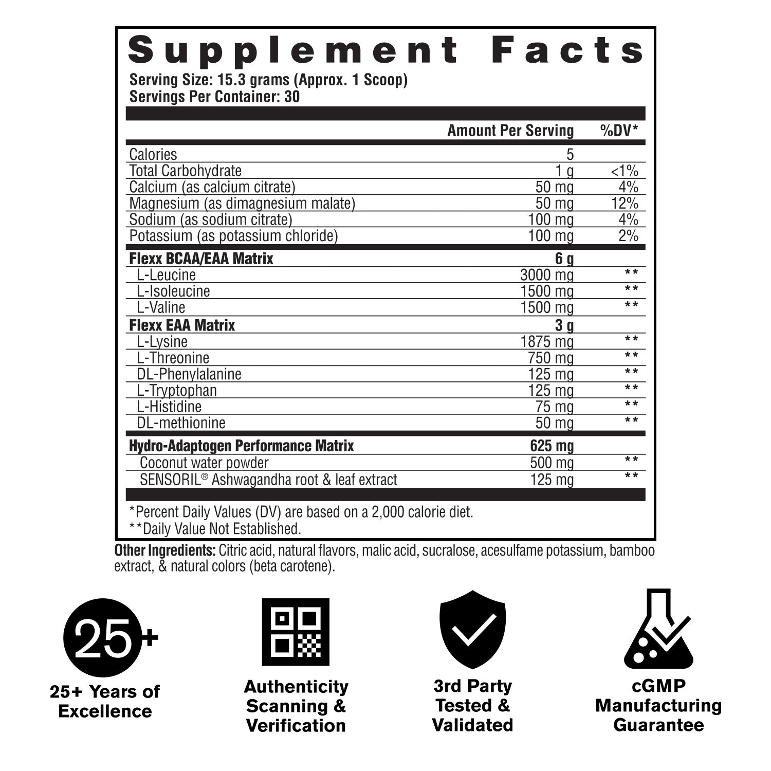 Supplement facts label with nutritional information and certification logos on a white background