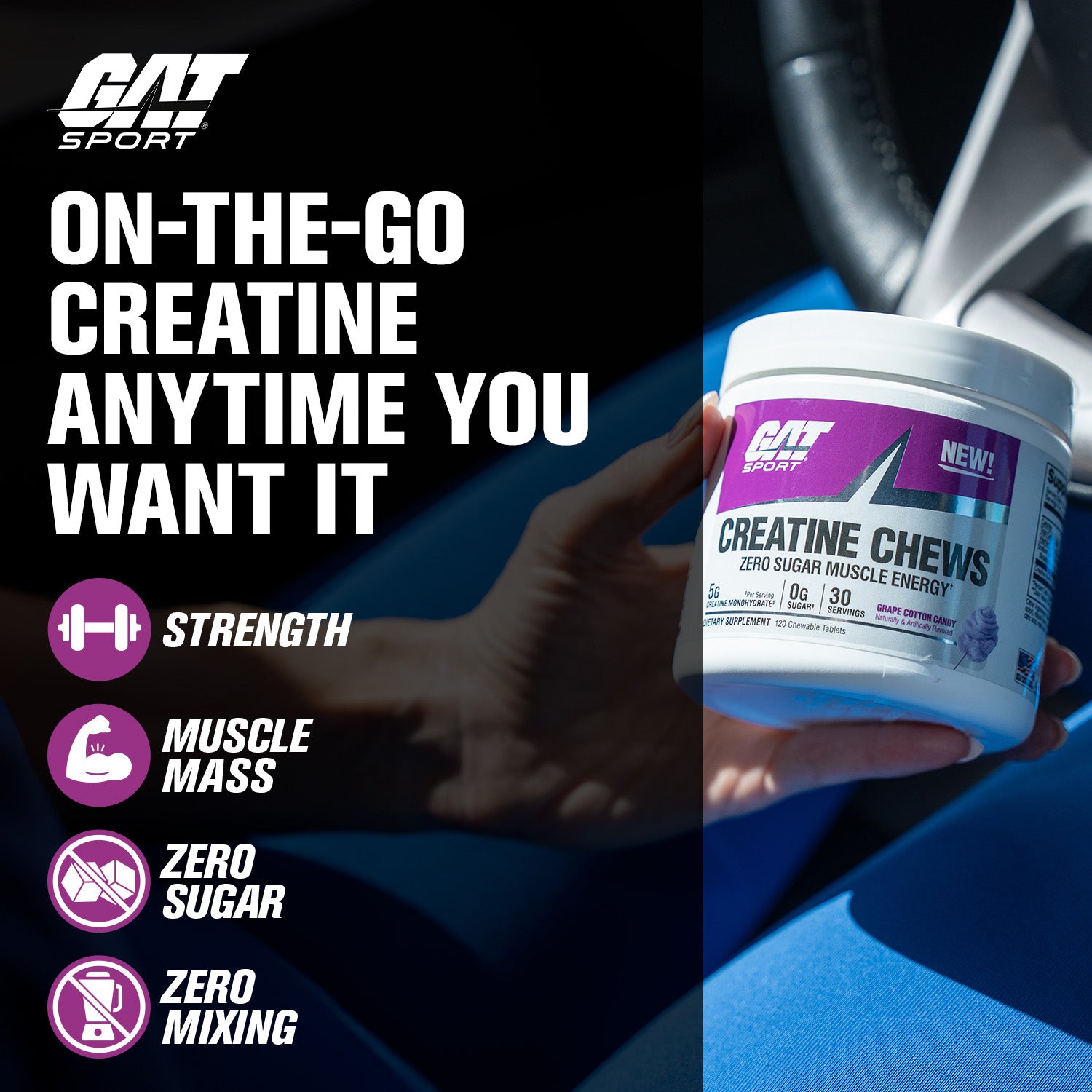 GAT Sport Creatine Chews container held by a hand with promotional text on a blurred background