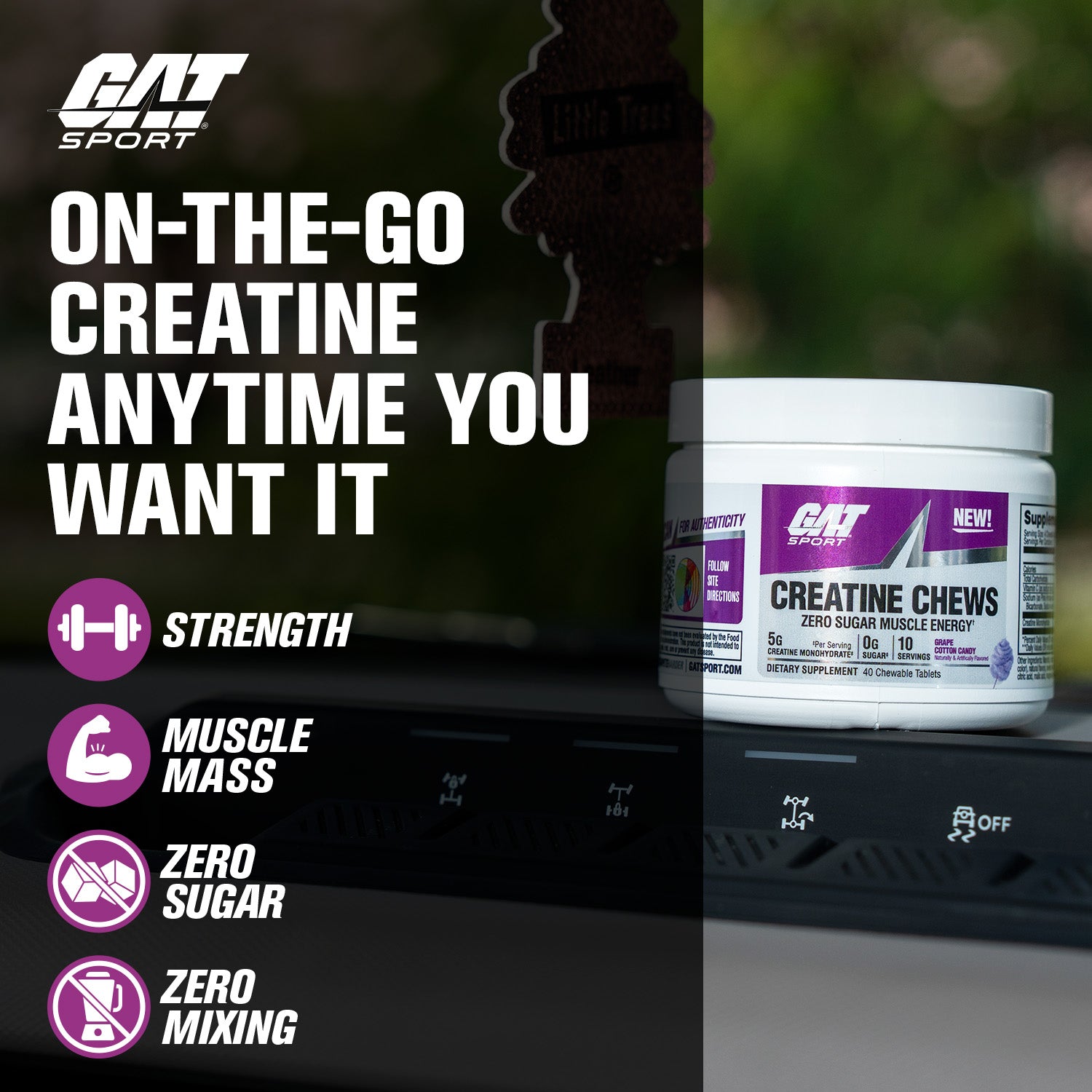 GAT Sport Creatine Chews container with promotional text on a dark background