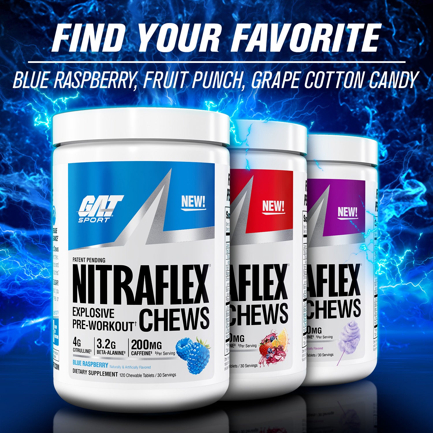 Three containers of Nitraflex Chews with flavor options on a blue background