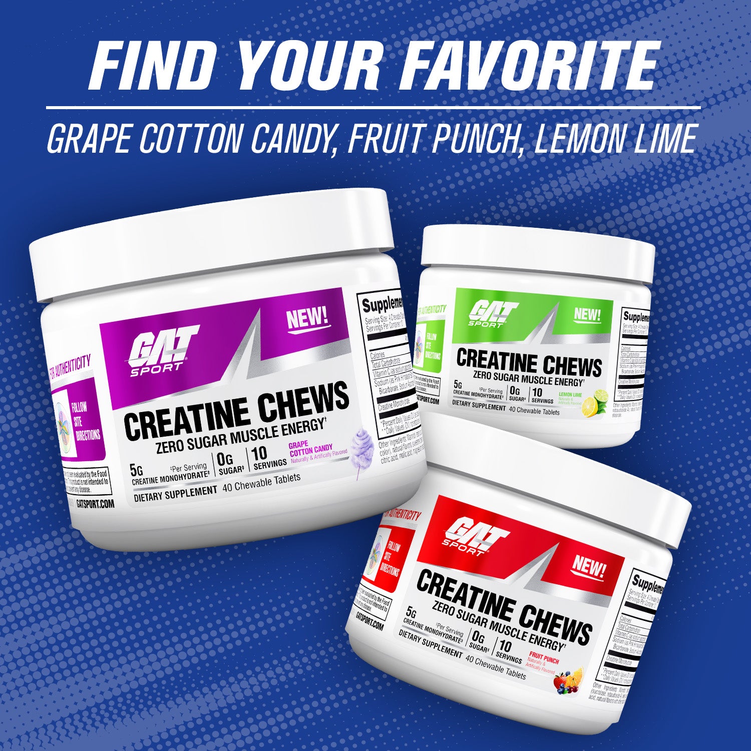 Three containers of GAT Sport Creatine Chews on a blue background with text promoting different flavors.