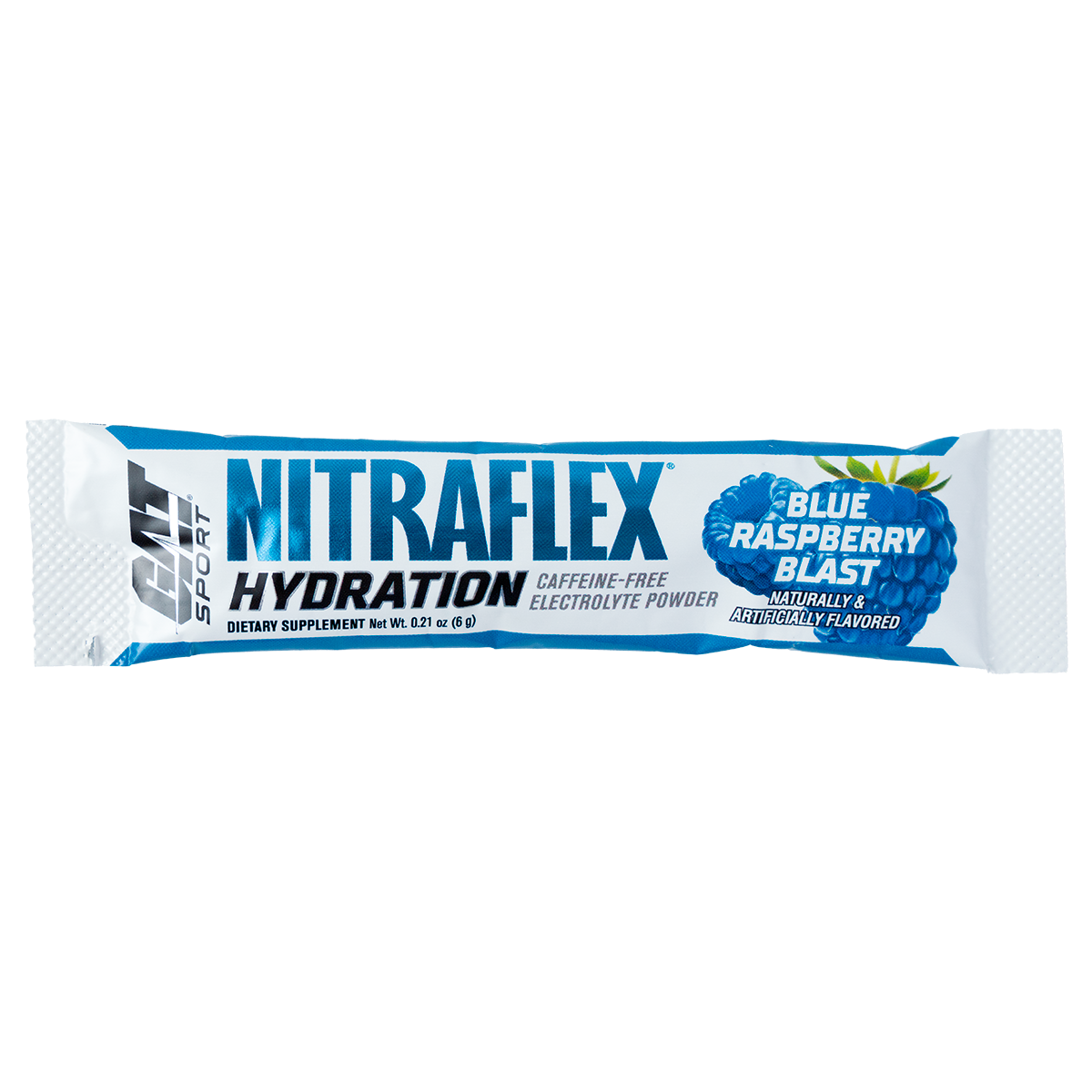 Nitraflex Hydration Blue Raspberry Blast flavored powder packet on a white background