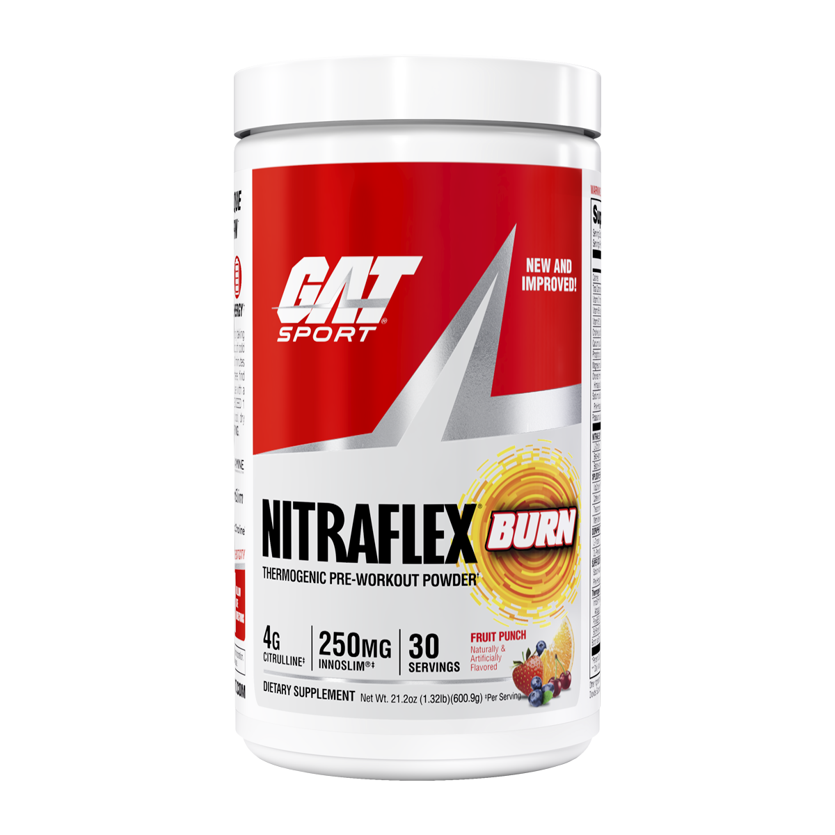 A white plastic tub of GAT Sport NITRAFLEX BURN pre-workout powder, featuring a red and white label with a yellow circular graphic, on a solid white background.