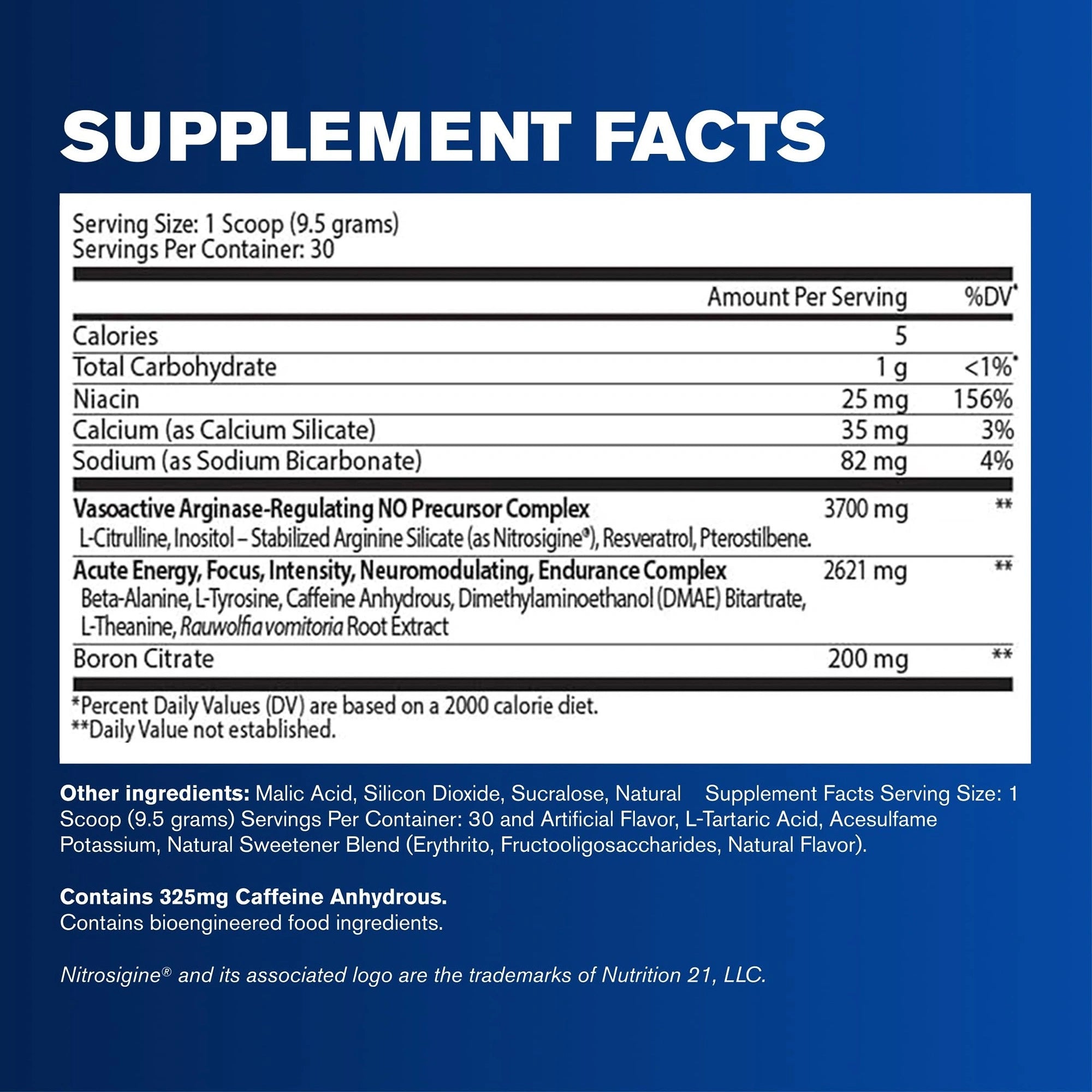 A supplement facts label on a blue background, showing a white rectangular panel with serving size, calories, total carbohydrate, niacin, calcium, sodium, and listed ingredients for a product labeled 'Supplement Facts'.