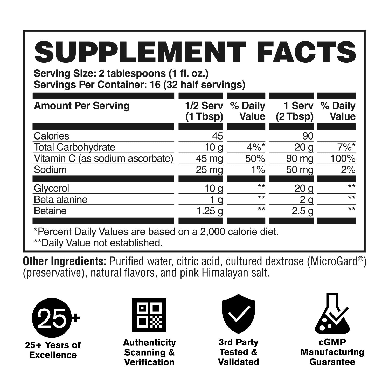 Supplement facts label with nutritional information and product features on a white background