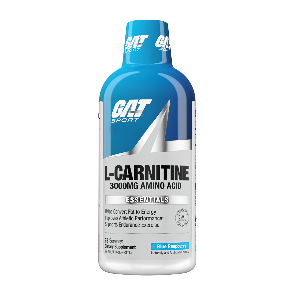 A bottle of GAT Sport L-Carnitine 3000mg Amino Acid dietary supplement in Blue Raspberry flavor, featuring a blue and white label on a solid white background.