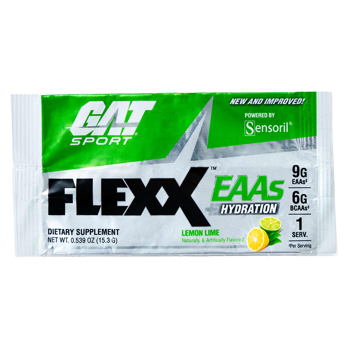 GAT Sport Flexx EAAS Hydration dietary supplement packet on a white background