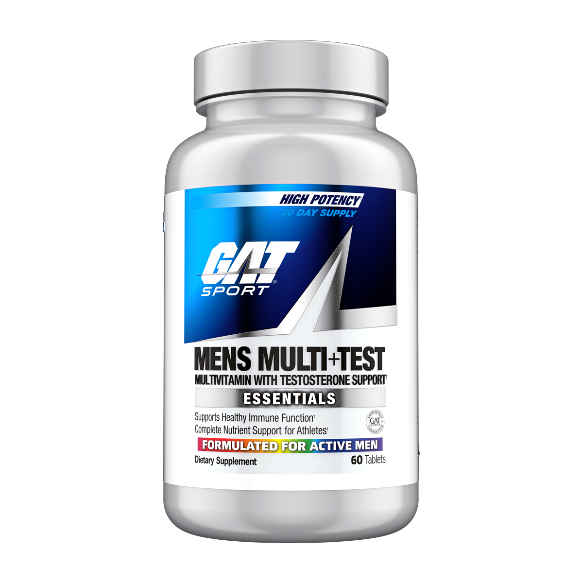 A white plastic bottle of GAT Sport Mens Multi-Test dietary supplement with a metallic silver cap, featuring a blue, white, and black label.