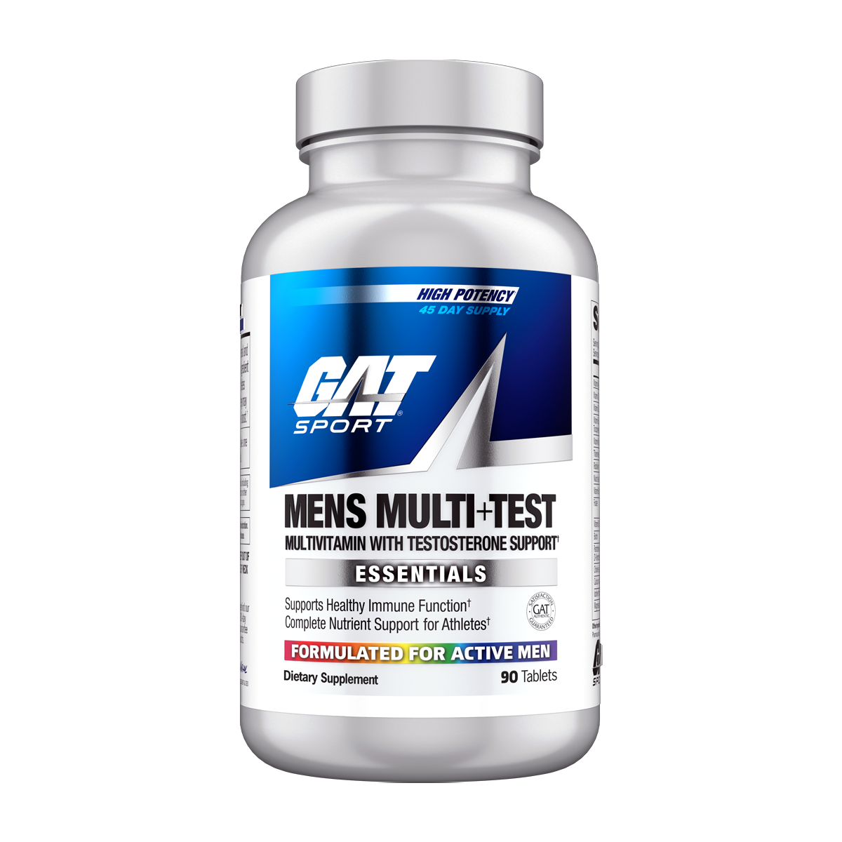A silver bottle of CAT Sport Mens Multi-Test dietary supplement with a white and blue label, shown on a plain white background.