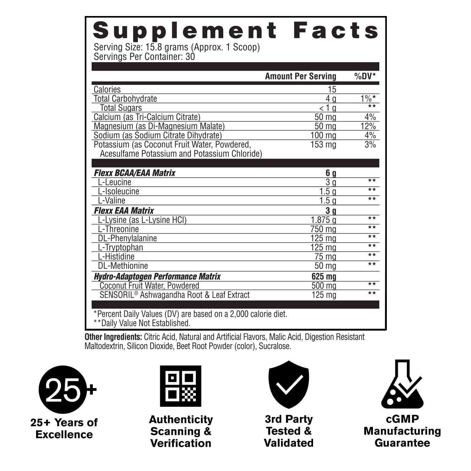 A black and white Supplement Facts label showing a nutrition facts panel for Flexex BCAA+EAA Matrix and Flexex EAA Matrix products, with icons below stating 25+ years of excellence, authenticity scanning and verification, 3rd party tested and validated, and cGMP manufacturing guarantee.