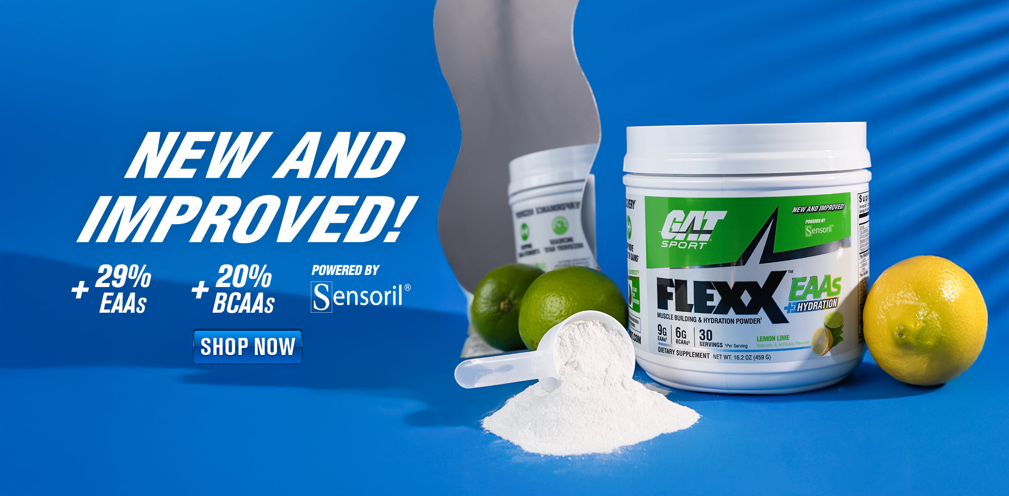 Flexx EAA supplement container with lime and lemon on a blue background