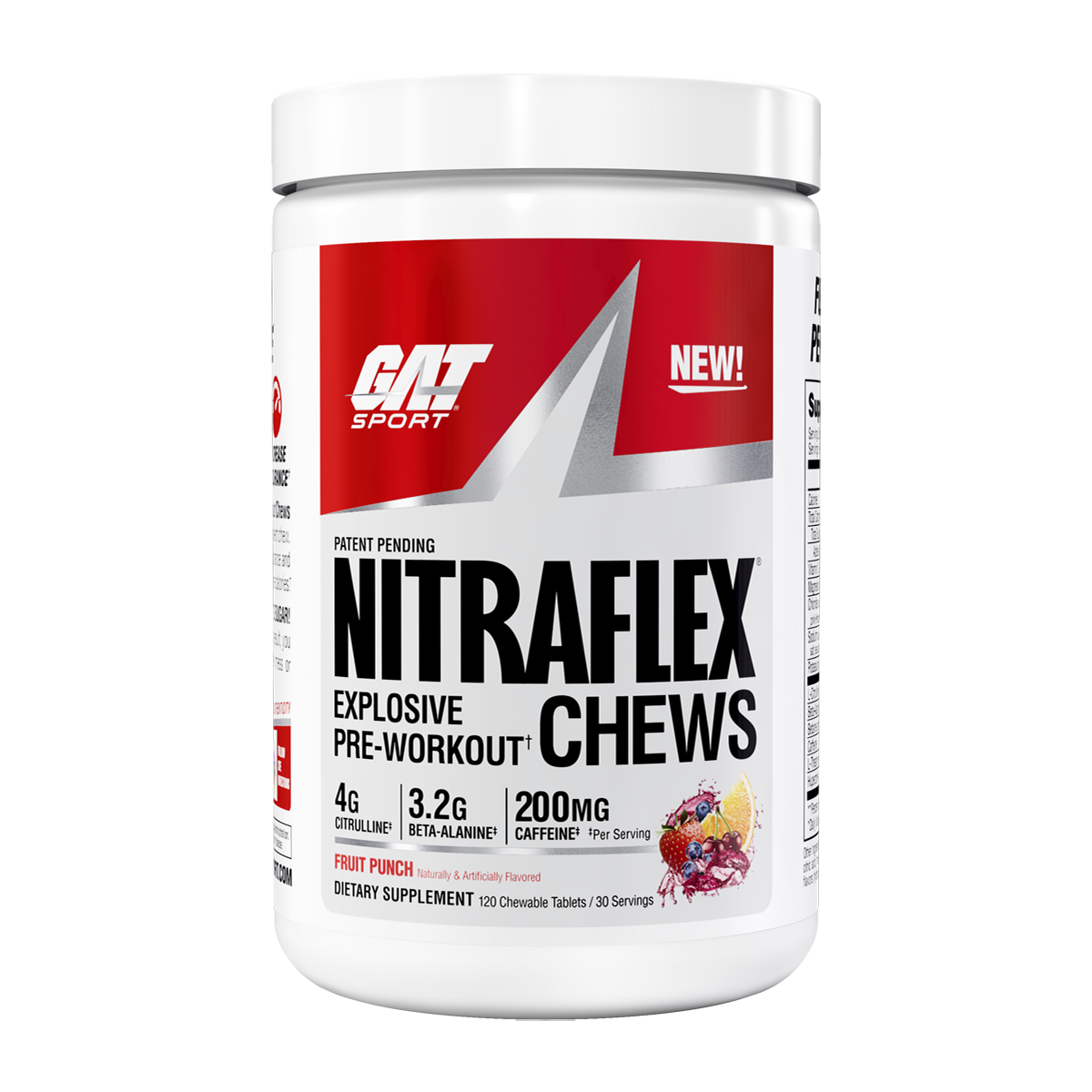 A white plastic tub of GAT Sport Nitraflex Pre-Workout dietary supplement, featuring a red and white label with black text and a small fruit punch flavor graphic.