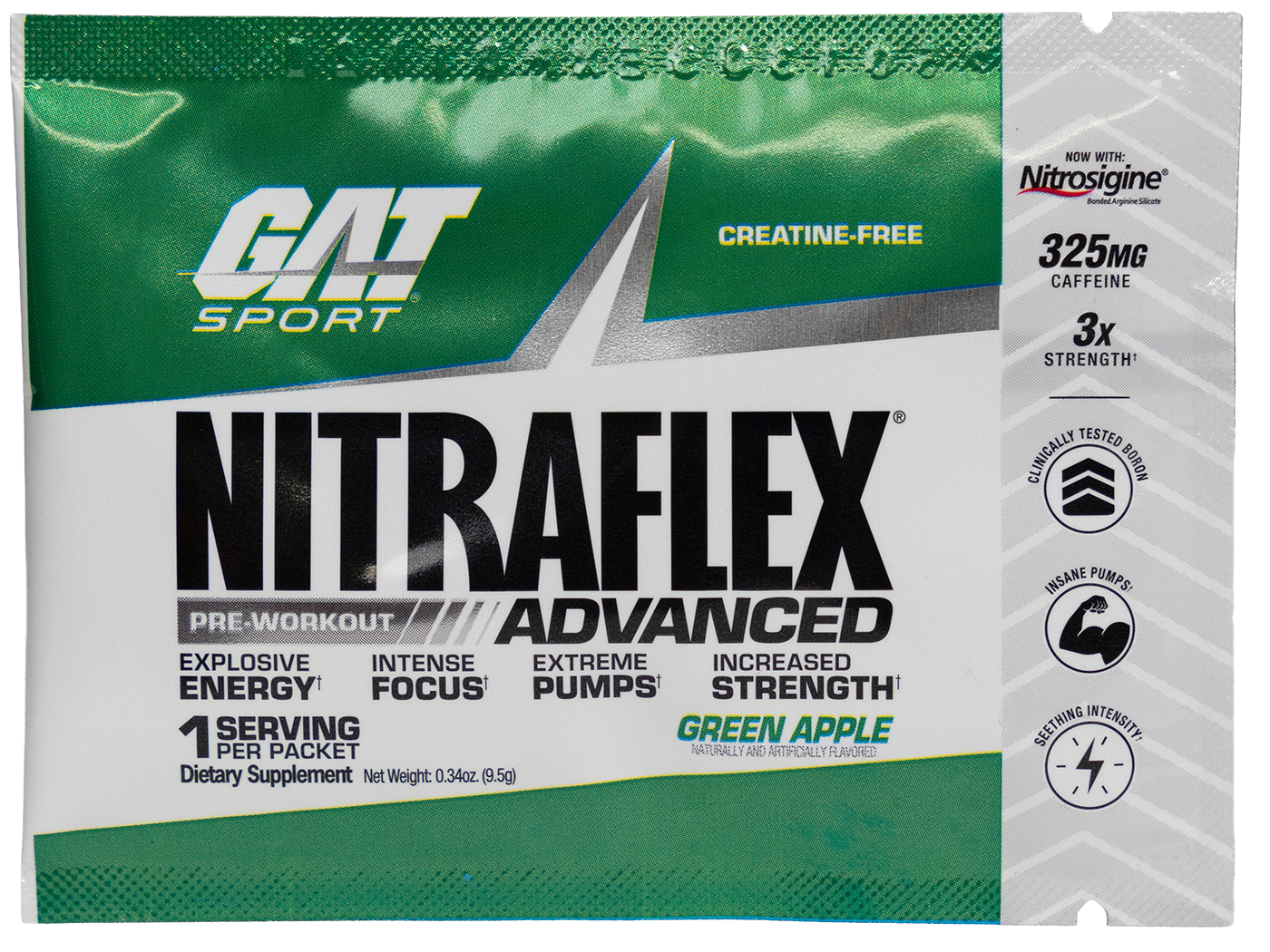 GAT Sport Nitraflex Advanced pre-workout supplement packet with green and white design.