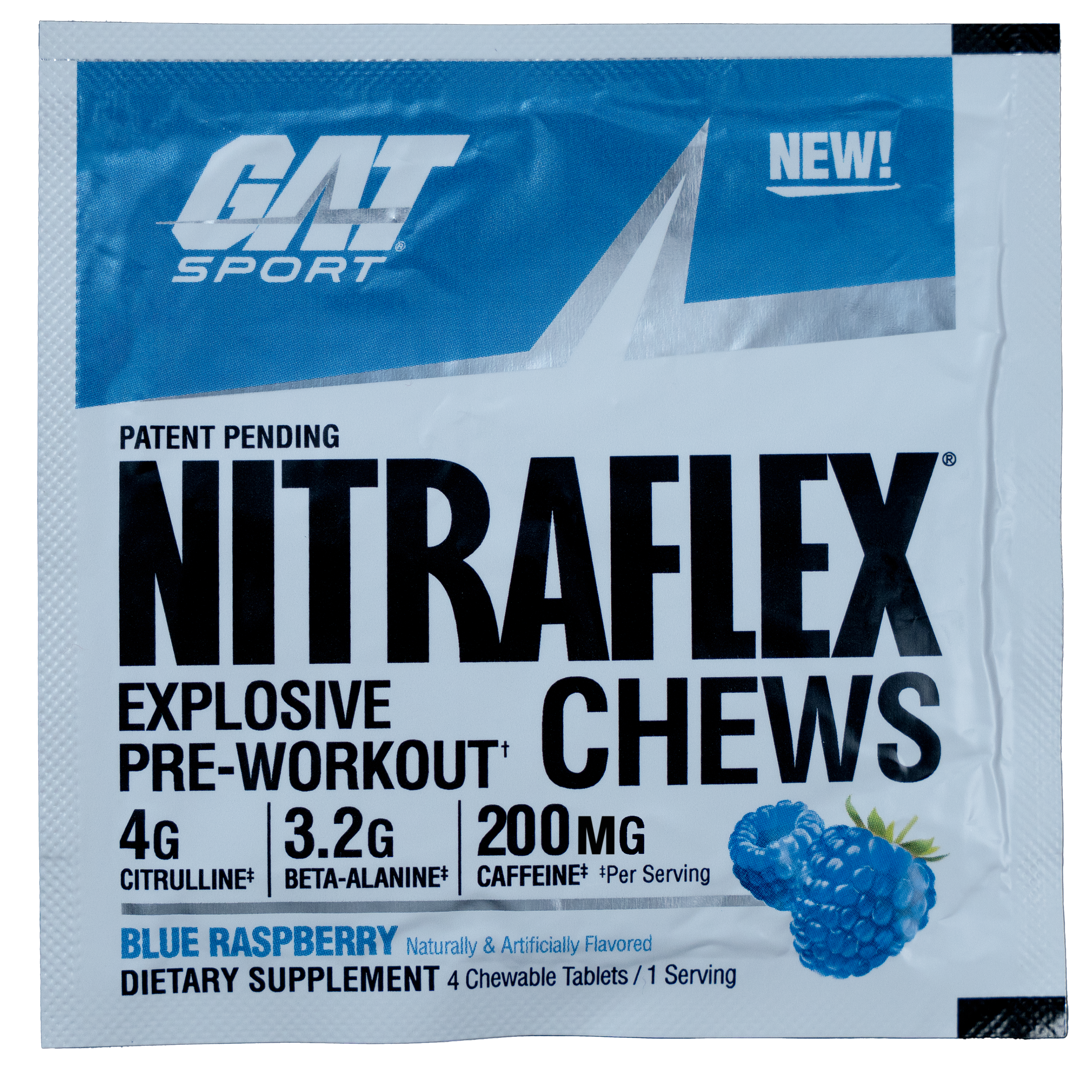 GAT Sport Nitraflex Chews packaging with blue raspberry flavor on a white background