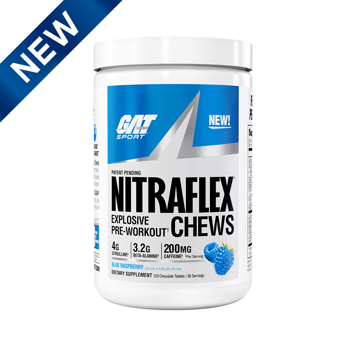 GAT Sport Nitraflex Explosive Pre-Workout Chews container with blue and white design on a white background