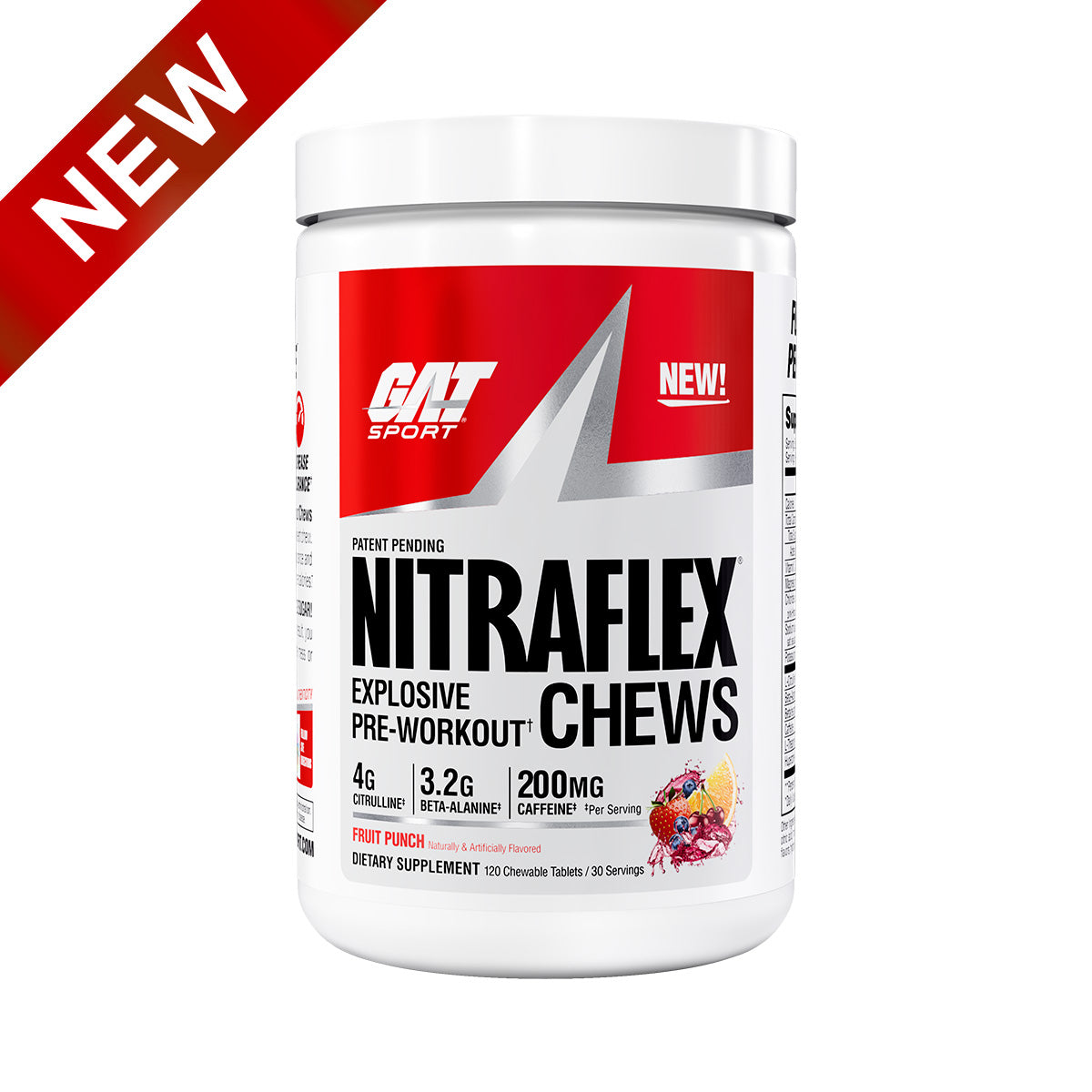 GAT Sport Nitraflex Chews pre-workout supplement container with red and white design on a white background