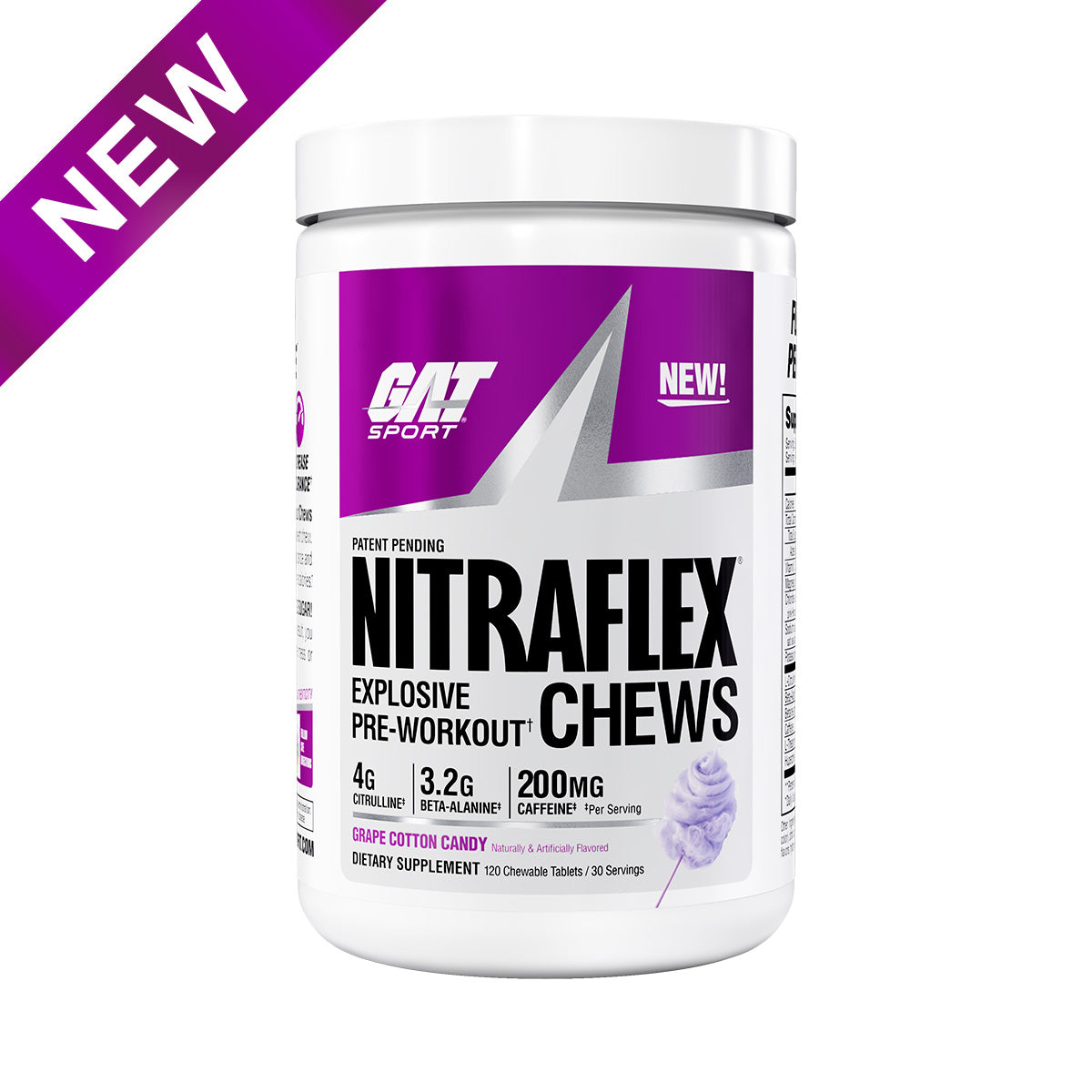 GTT Sport Nitraflex Chews pre-workout supplement container with purple label on a white background