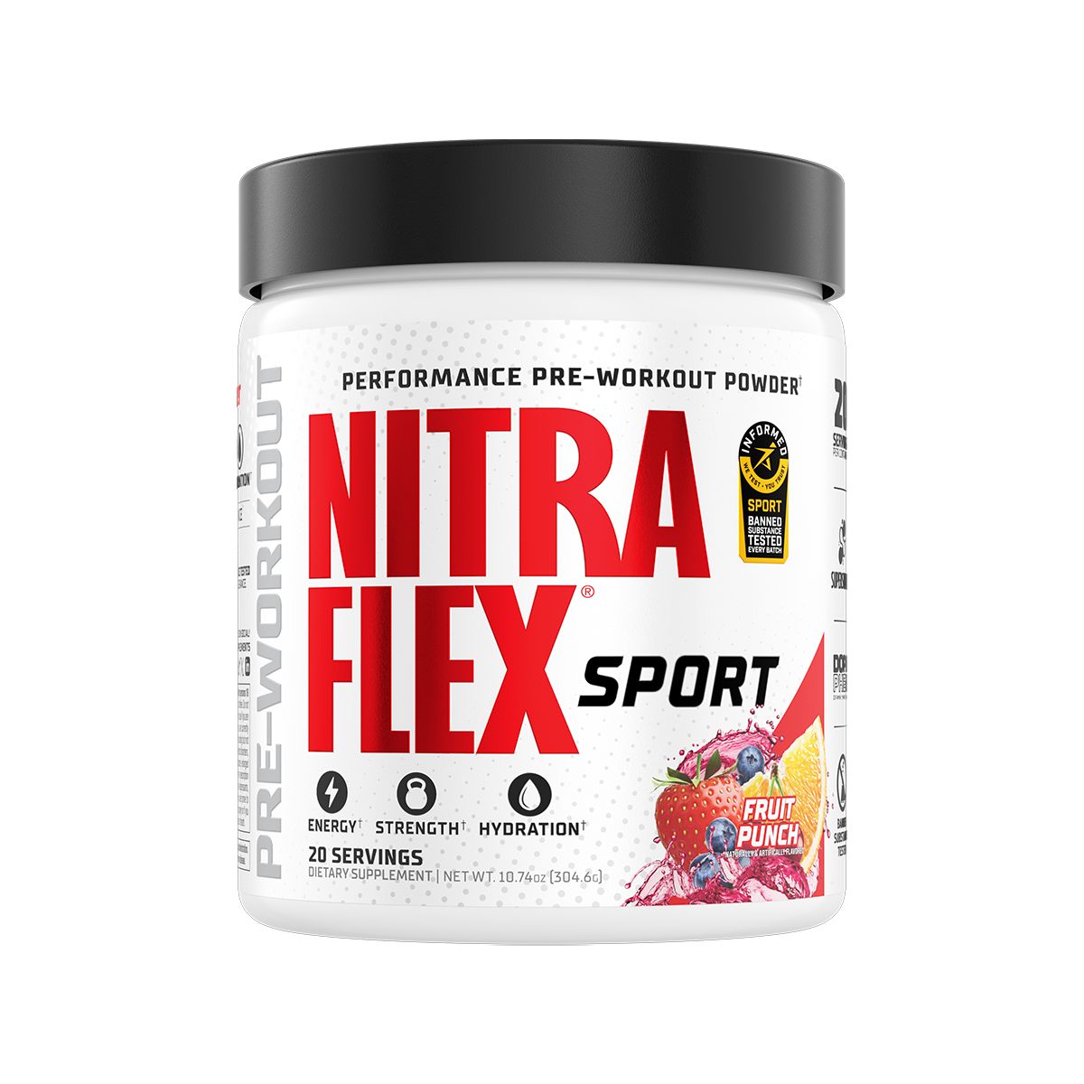 A white tub of NitraFlex Sport pre-workout powder with a black lid, featuring red and black text and a fruit punch flavor graphic on the front label.