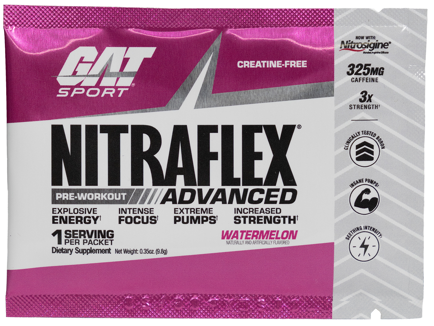 GAT Sport Nitraflex Advanced pre-workout supplement packet with pink and white design.