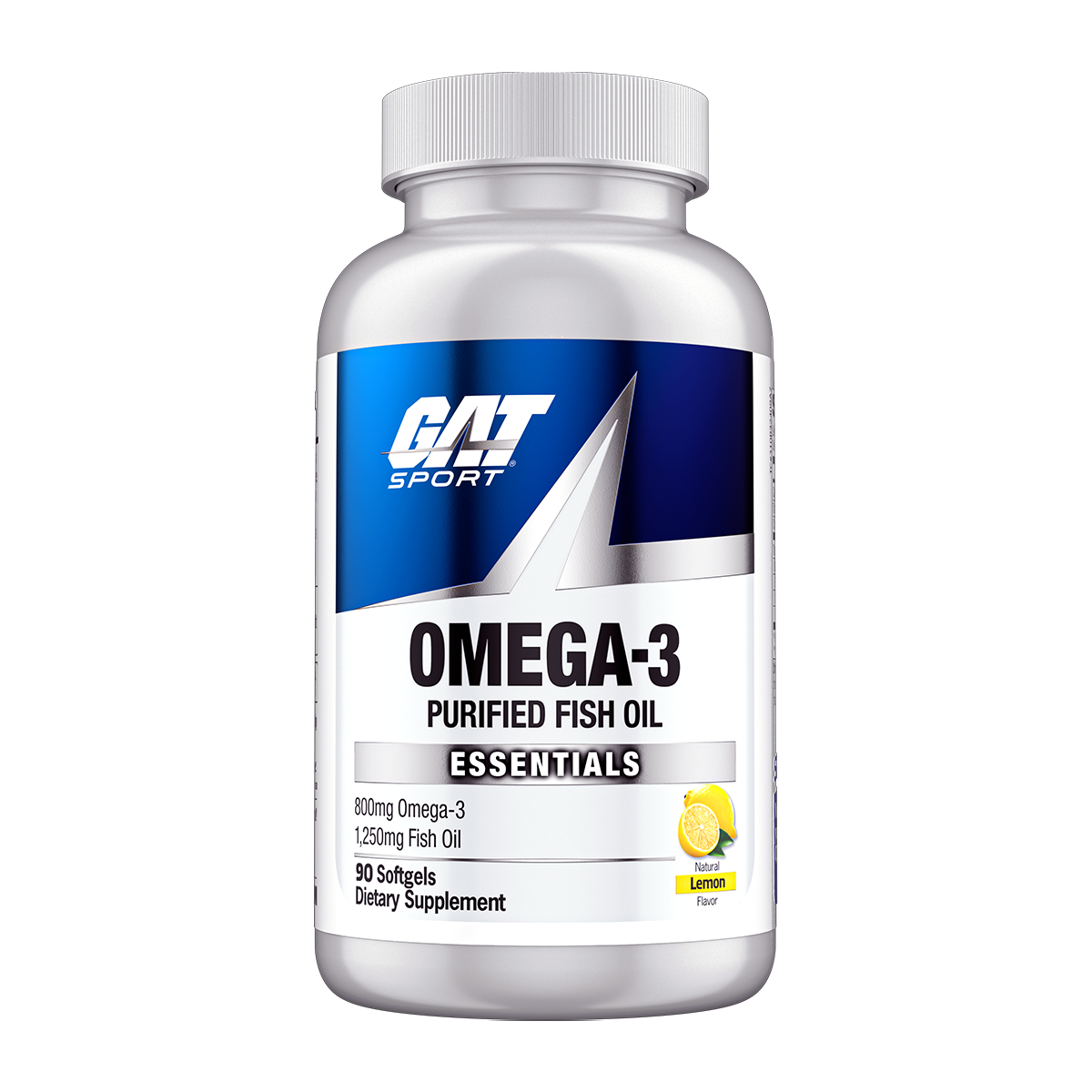 A white bottle of GAT SPORT Omega-3 Purified Fish Oil Essentials, 90 softgels, featuring a blue and white label with a lemon graphic, on a solid white background.