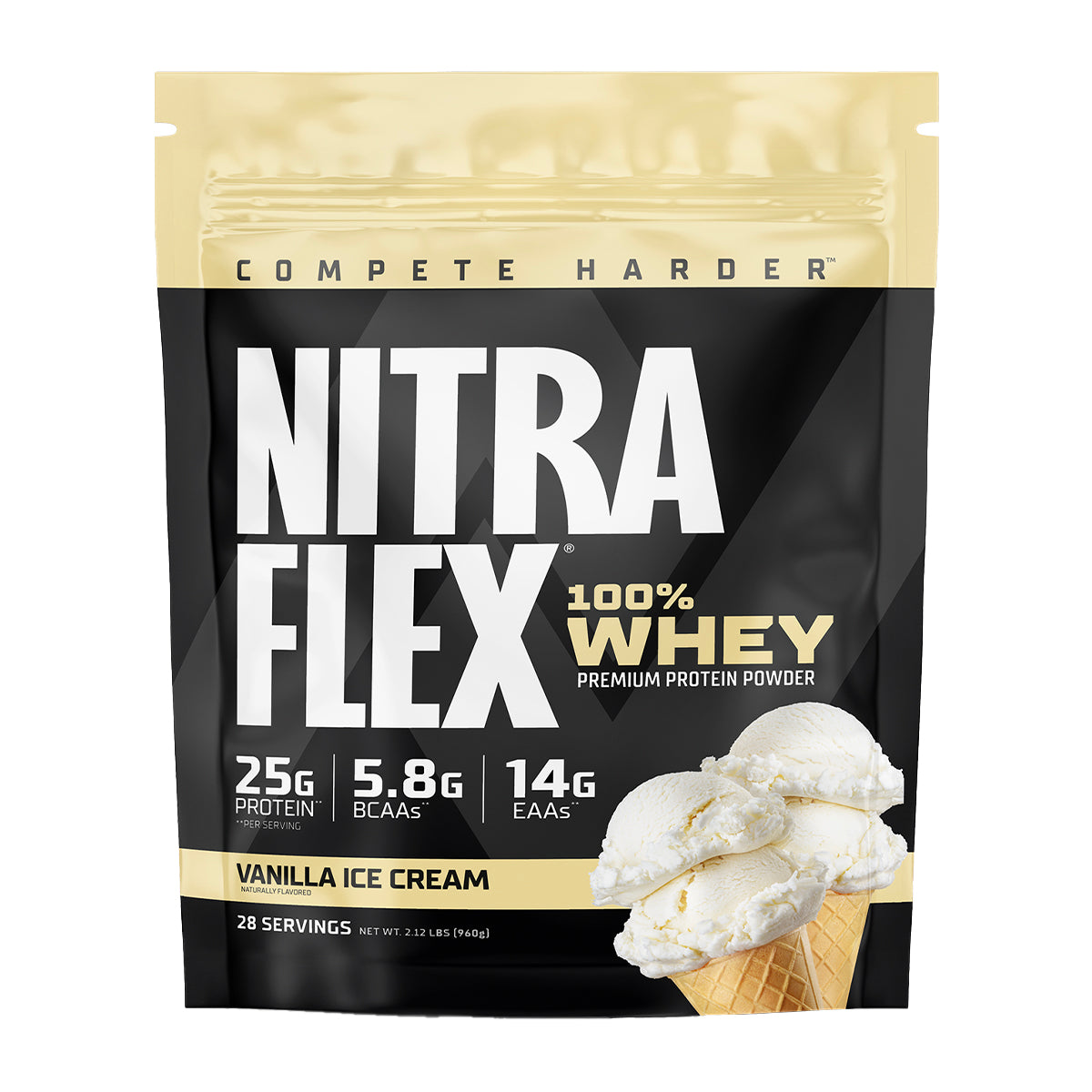 Nitra Flex 100% Whey protein powder package with vanilla ice cream flavor on a white background