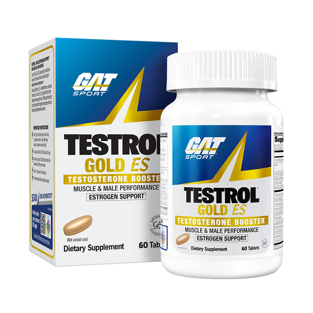 GAT Sport Testrol Gold ES testosterone booster supplement bottle and packaging on a white background