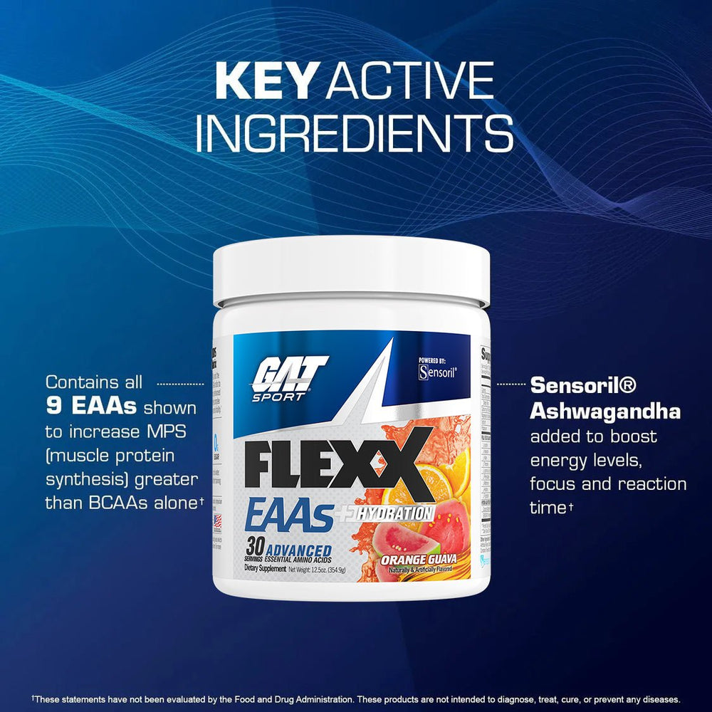 GAT Sport Flexx EAAS supplement container with key active ingredients on a blue background