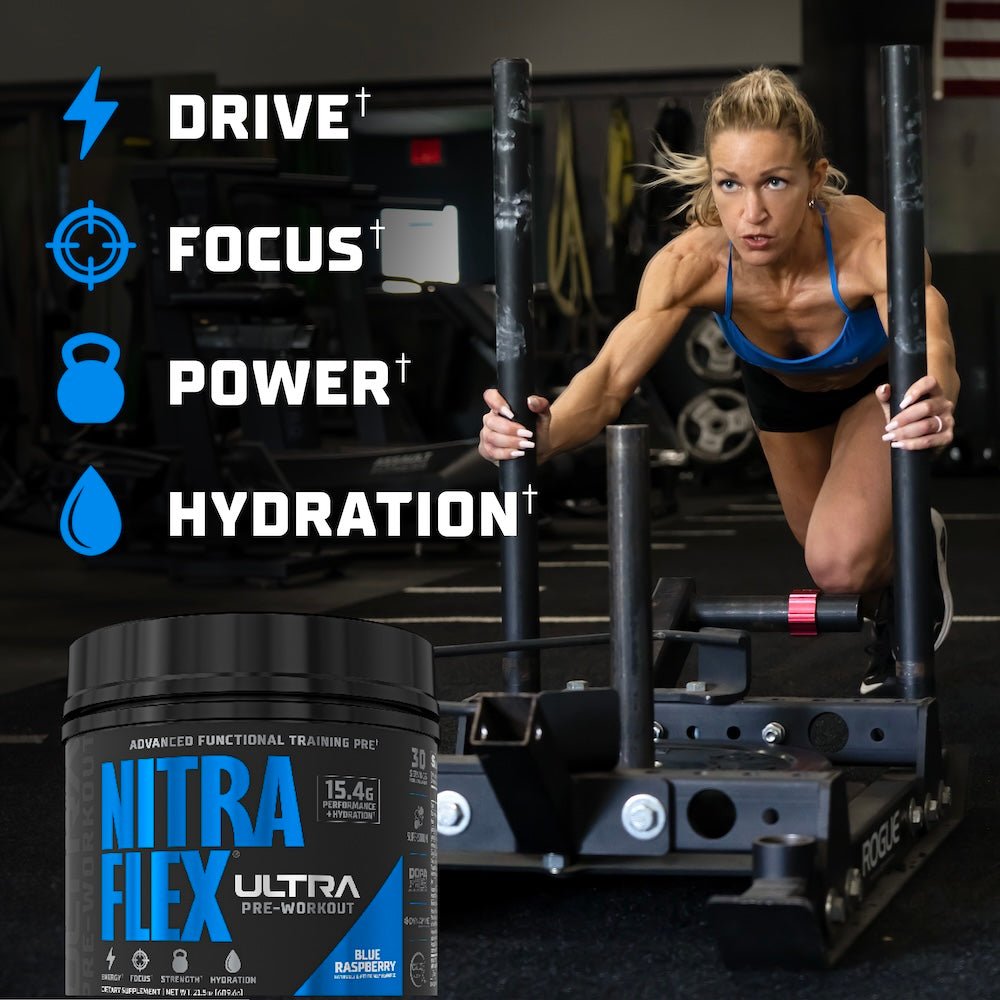 Woman exercising with gym equipment and Nitra Flex Ultra pre-workout supplement in foreground