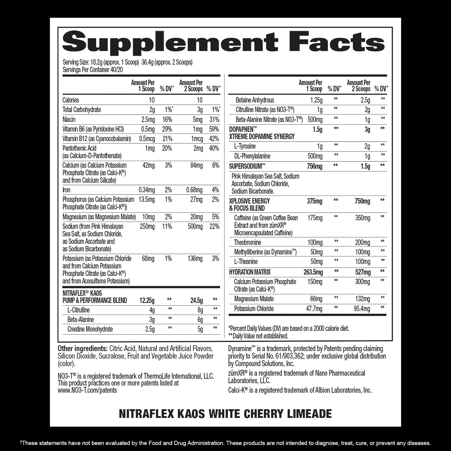 Nitraflex KAOS - Supplement Facts - White Cherry Limeade