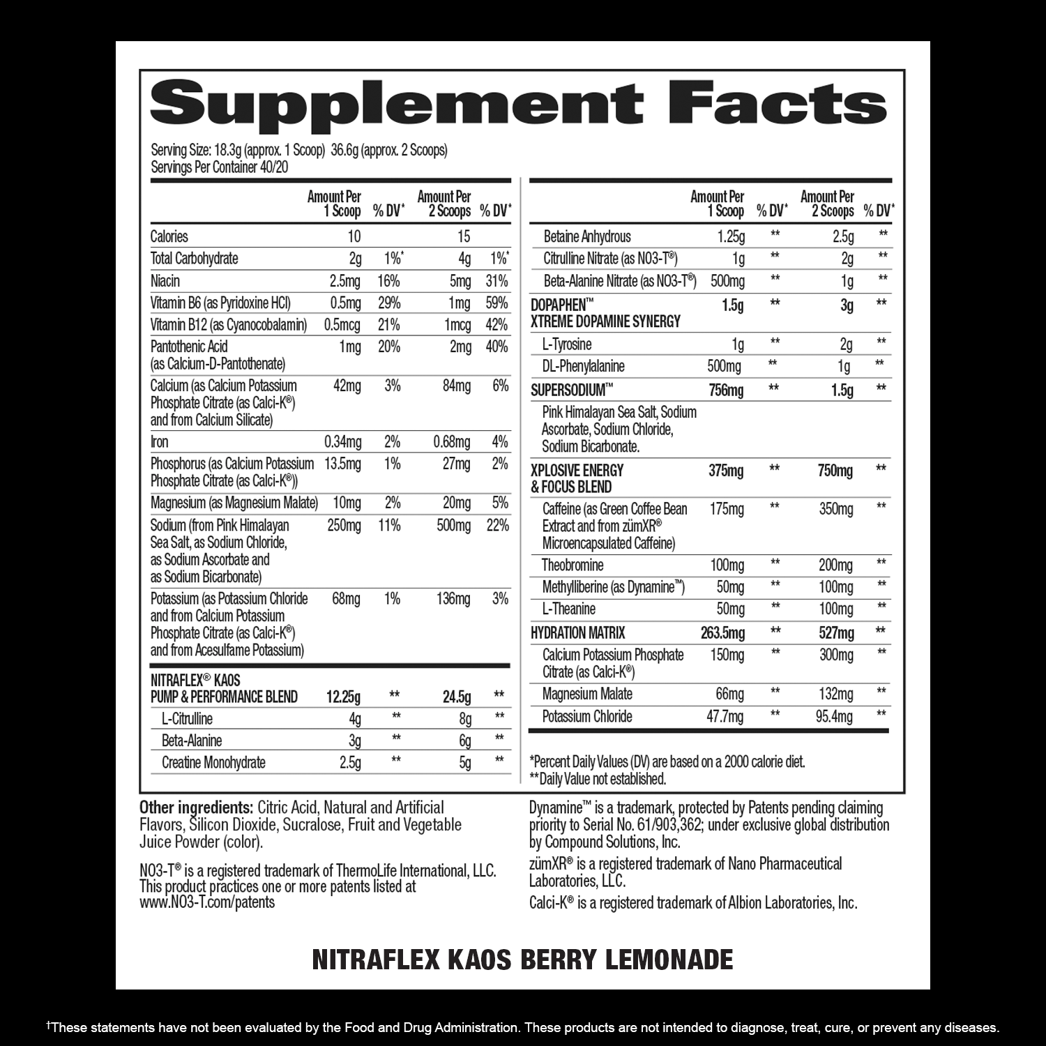 Nitraflex KAOS - Supplement Facts - Berry Lemonade