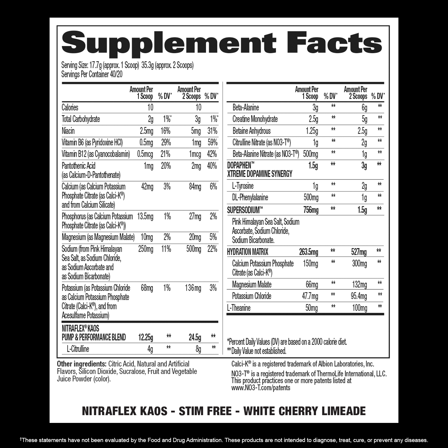 Nitraflex KAOS Stim Free - Supplement Facts - White Cherry Limeade