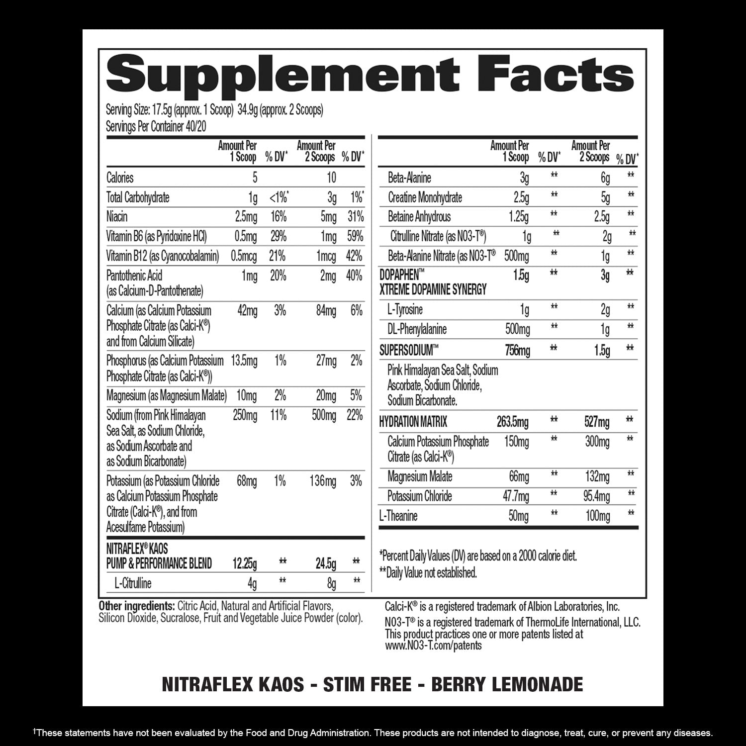 Nitraflex KAOS Stim Free - Supplement Facts - Berry Lemonade