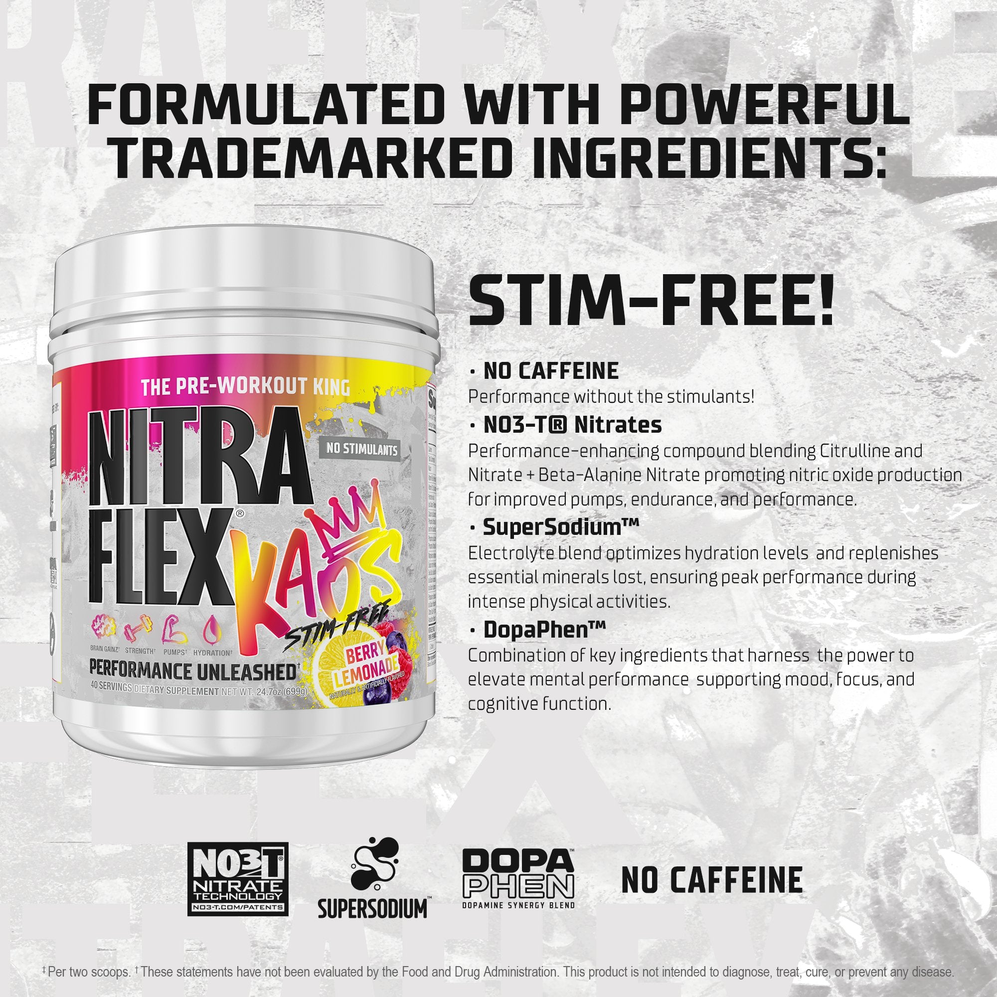Nitraflex KAOS Stim-Free - Formulated with powerful trademarked ingredients.