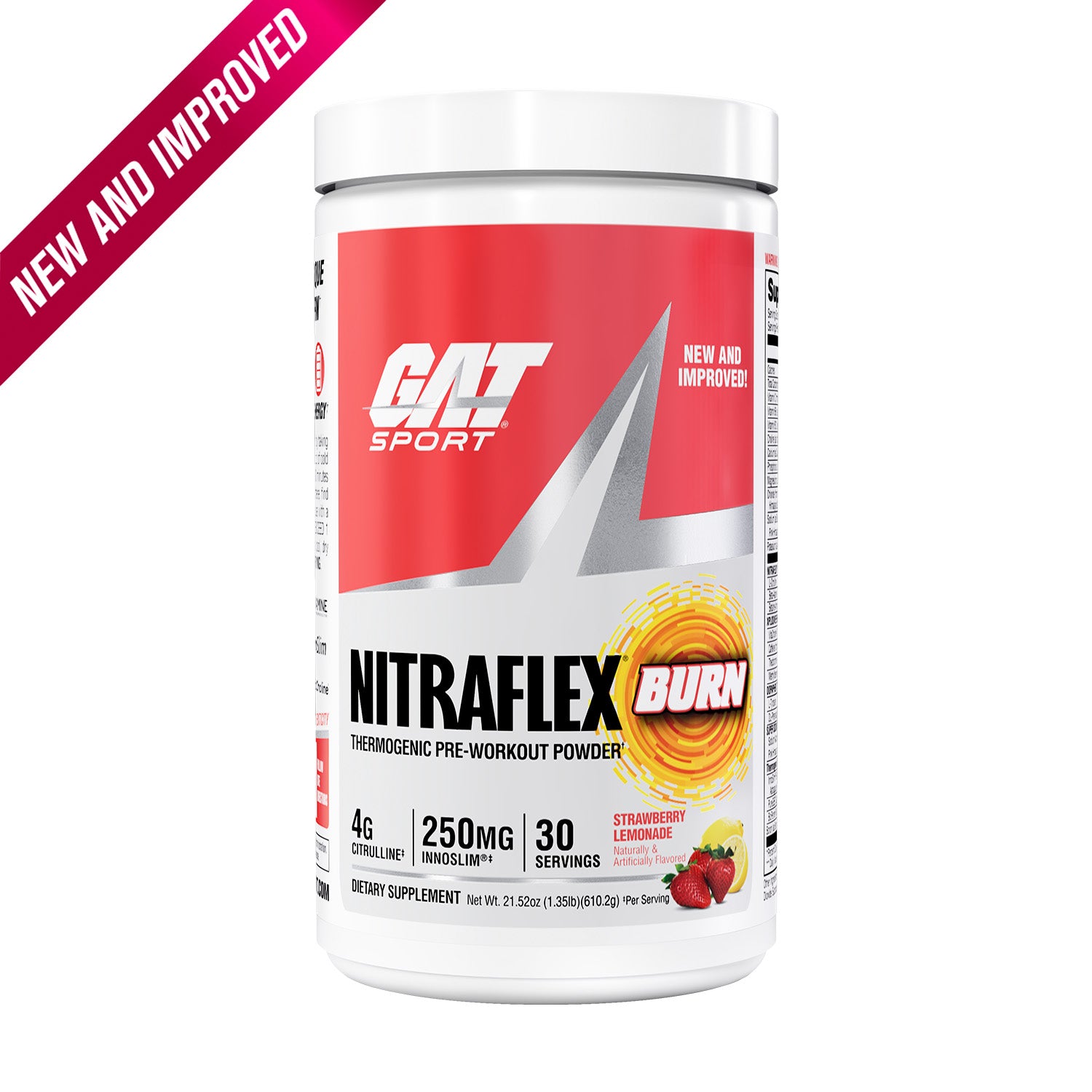 GAT Sport Nitraflex Burn pre-workout powder container on a white background