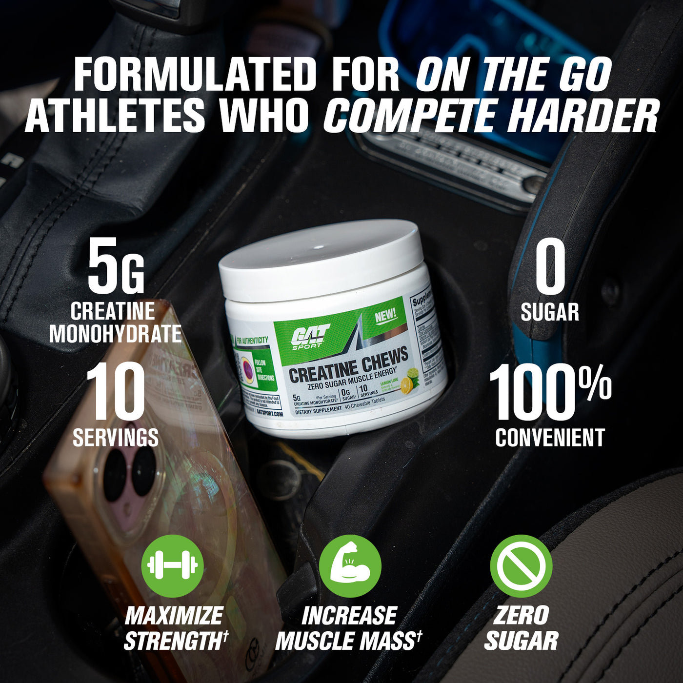 Supplement container and packaging in a car with promotional text about its features.