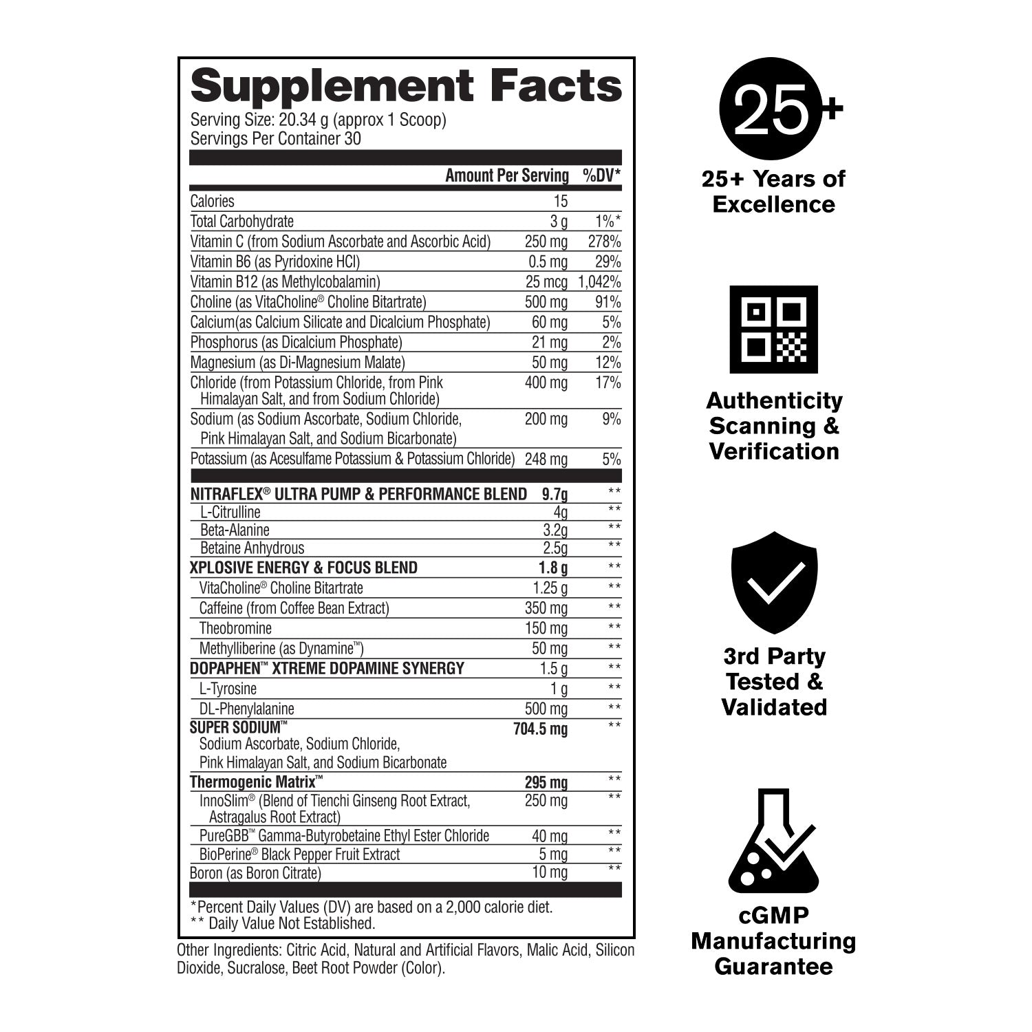 Supplement facts label with branding and certification logos on a white background